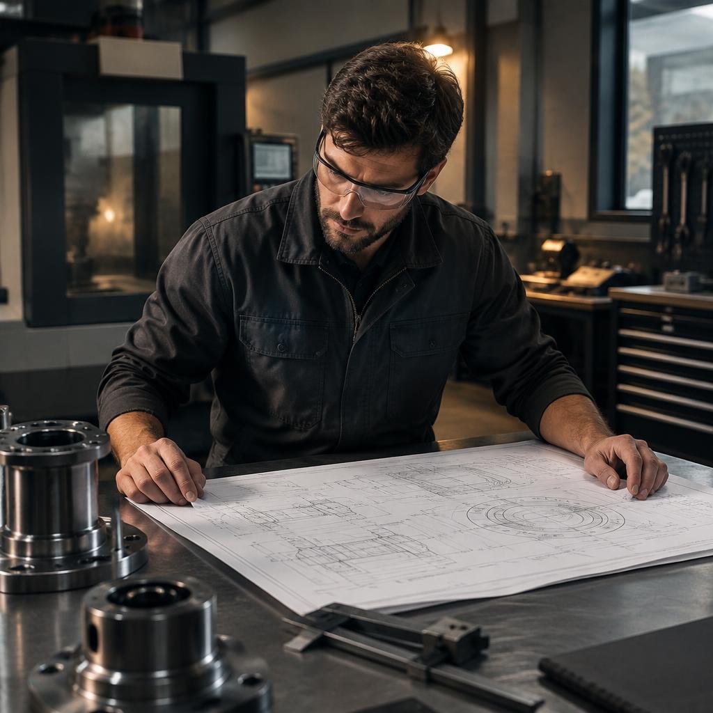 Mechanical engineer reviewing a technical drawing